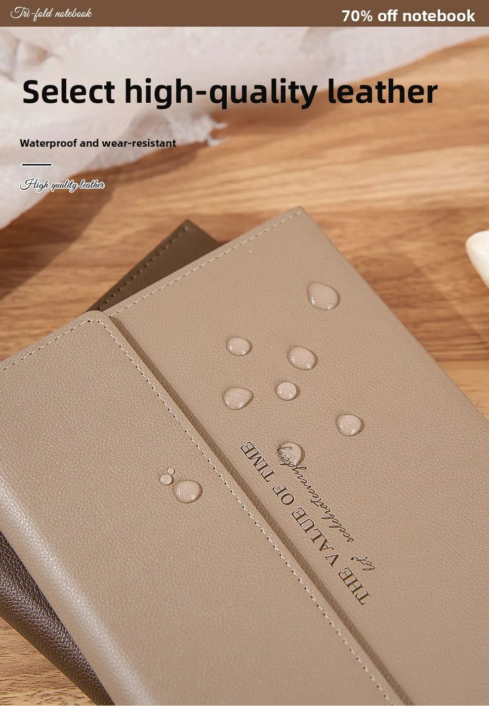 A5 Round-button Tri-fold Notebook PU Lychee-grain Faux Leather Minimalist Business Notepad Saddle-stitch Binding High-appearance, product detail 1