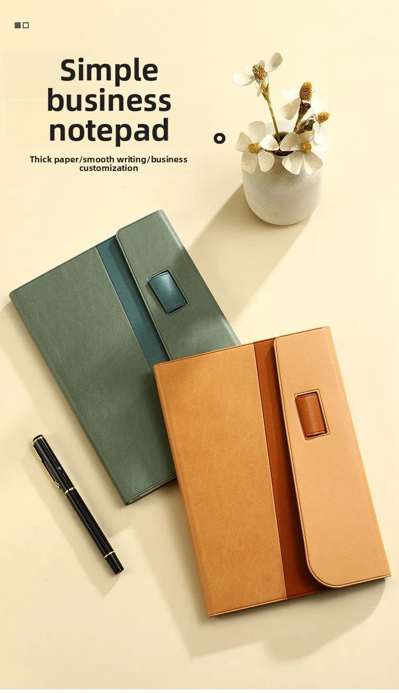 A5 Faux Leather Cover Notepad Snap Closure Tri-Fold Design Pen Holder Office Notebook Corporate Meeting Pad Portable Custom Gift, product detail 1