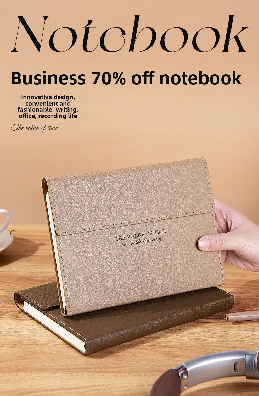 A5 Round-button Tri-fold Notebook PU Lychee-grain Faux Leather Minimalist Business Notepad Saddle-stitch Binding High-appearance, product detail 3