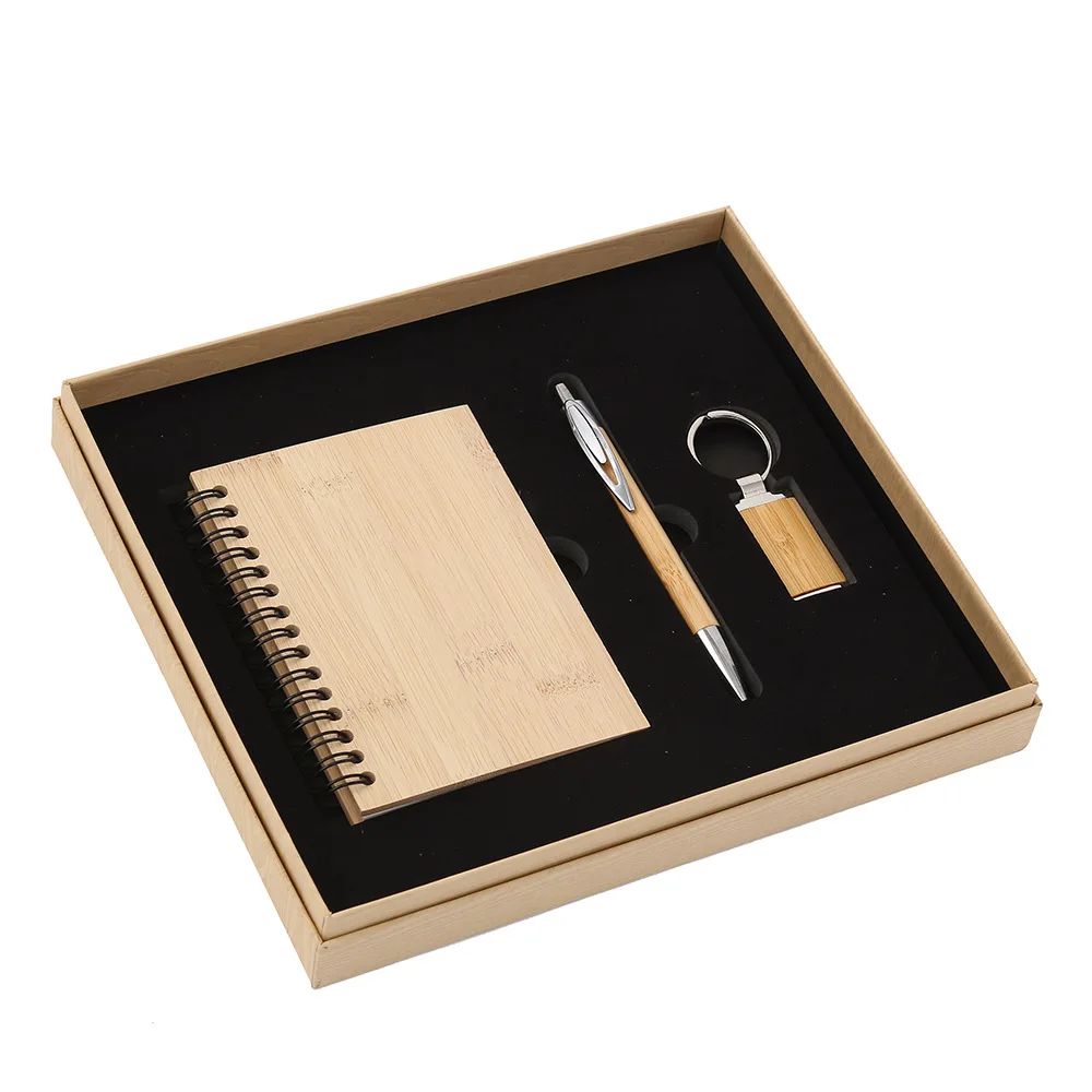 Creative Bamboo Wood Spiral Notebook Business Stationery Supplies Pen Keychain Custom Logo Promotional Gift Set, product detail 4
