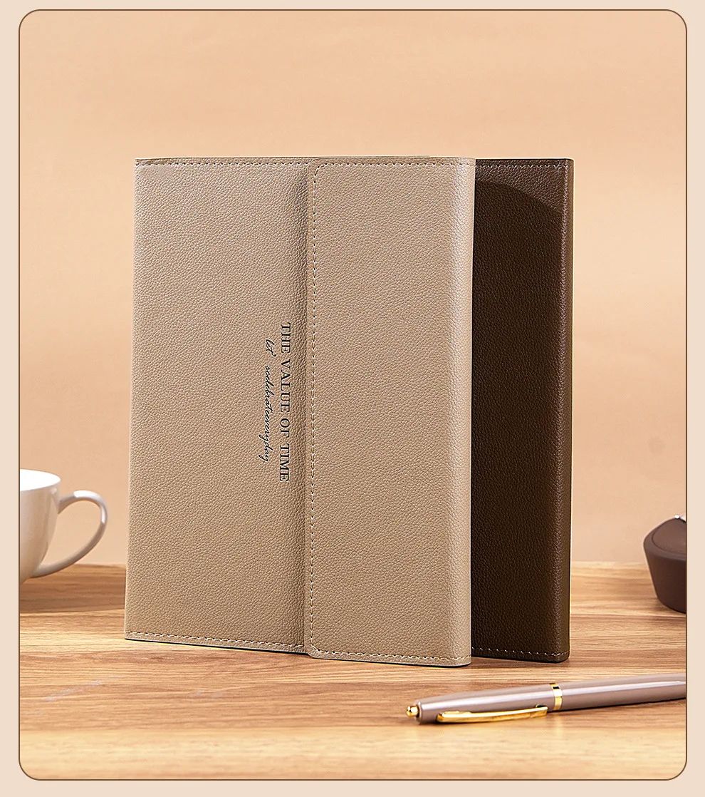 A5 Round-button Tri-fold Notebook PU Lychee-grain Faux Leather Minimalist Business Notepad Saddle-stitch Binding High-appearance, product detail 4