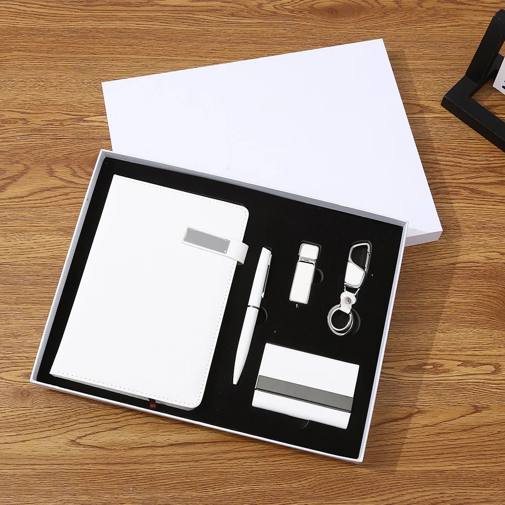 Pure White Business Luxury Set Keychain Pen Name Card Holder Premium USB Flash Drive Notebook OEM Logo Gift Set, product detail 4