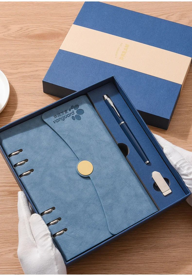 Loose-leaf Faux Leather A5 Size Customizable Logo Stylish Design Business Office Notepad Diary Gift Box Set, product detail 7
