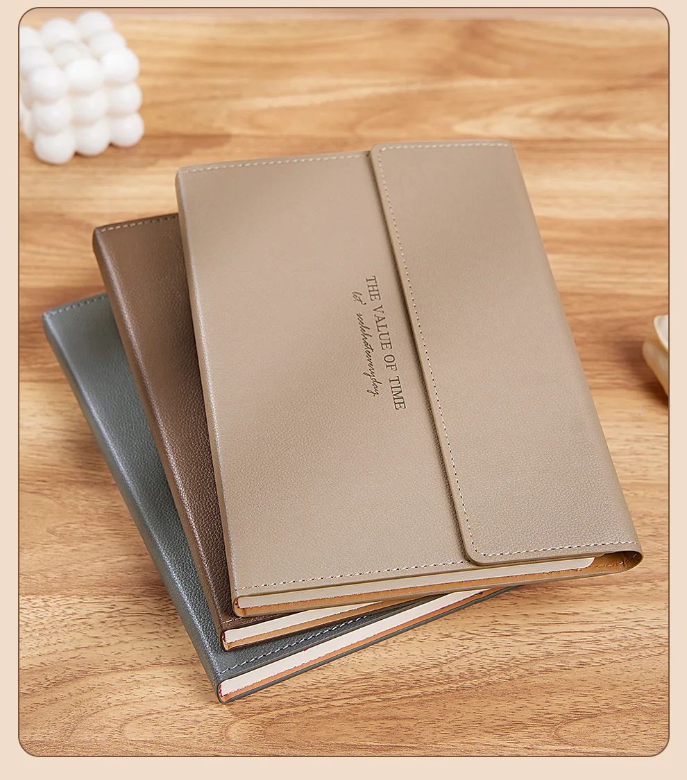 A5 Round-button Tri-fold Notebook PU Lychee-grain Faux Leather Minimalist Business Notepad Saddle-stitch Binding High-appearance, product detail 9