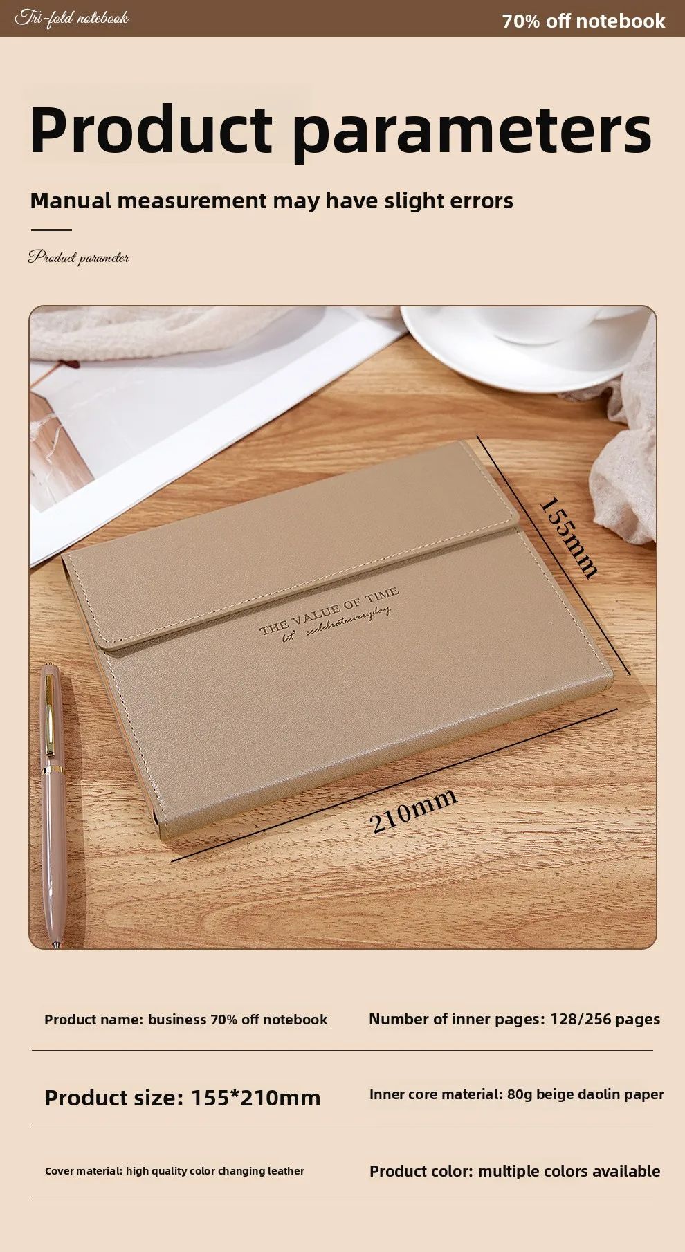 A5 Round-button Tri-fold Notebook PU Lychee-grain Faux Leather Minimalist Business Notepad Saddle-stitch Binding High-appearance, product detail 10